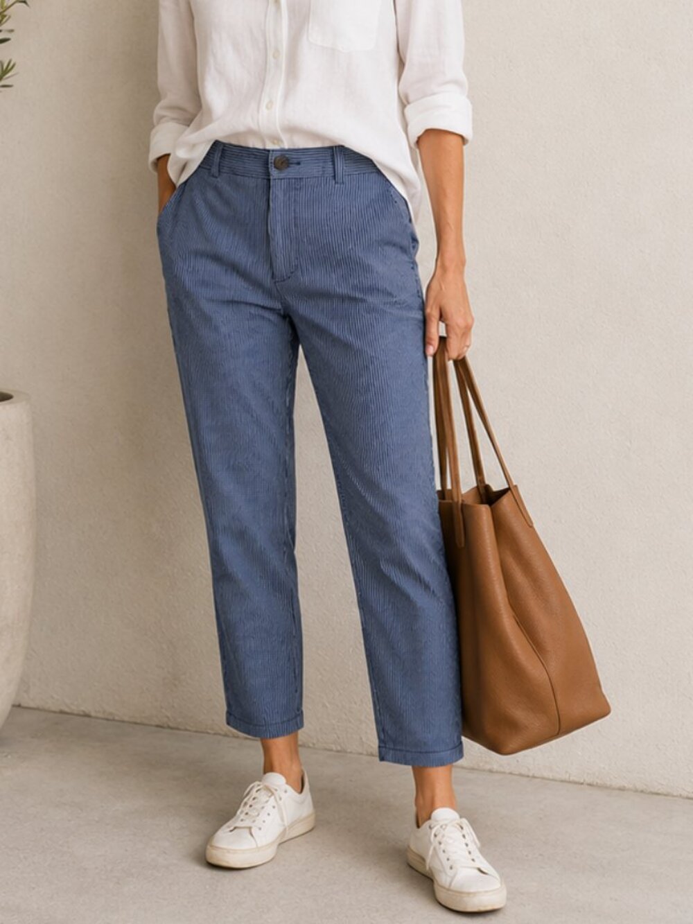 M&S Navy Pinstripe Cotton Chinos Size 14 Stretch Ankle Pants EUC - Picture 1 of 12